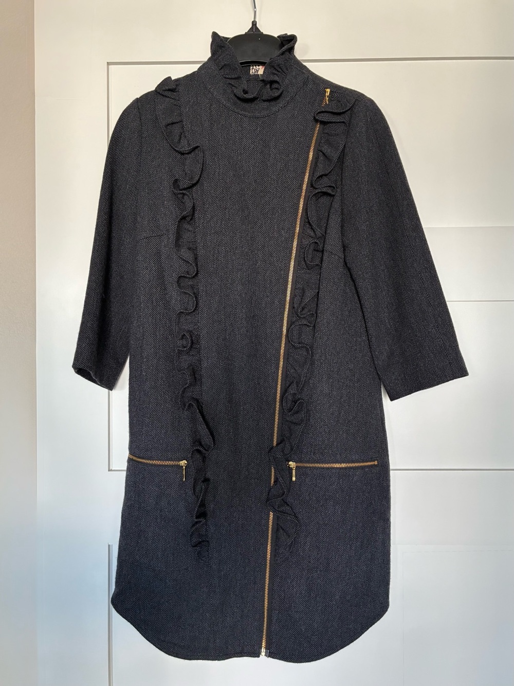 JAEGER US 4 UK 6 Dark Gray Wool Blend Ruffle Moto Dress / Coat